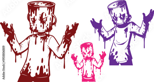 Set of three stylized vector illustrations featuring a creepy character wearing a dripping paint can as a head illustration on transparent background