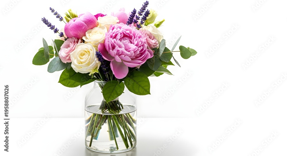 Obraz premium A beautiful bouquet of pink and white peonies with lavender and eucalyptus in a glass vase, perfect for any occasion
