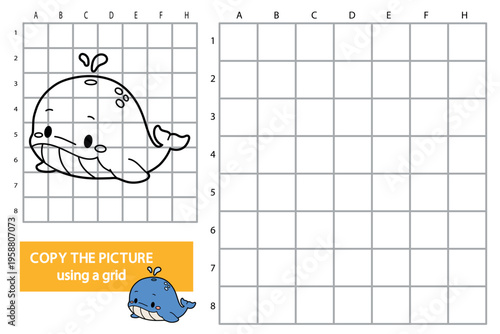 Copy the picture using a grid worksheet with kawaii whale illustration. Educational drawing activity for kids to practise or practice proportions and observation skills, printable art exercise.