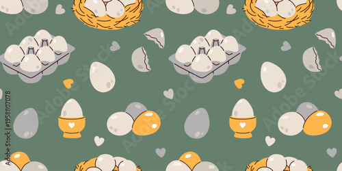 Seamless pattern with colourfu eggs in cup ,nest warm background.  flat vector design perfect for wrapping paper, fabric, stationery, packaging, spring decorations and childrens products.