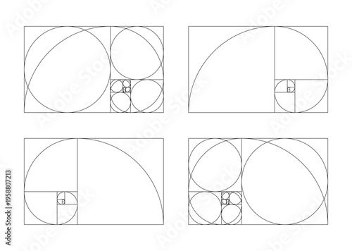 Horizontal Fibonacci numbers array of 4 elements set. Golden ratio used in design harmony proportions collection template.