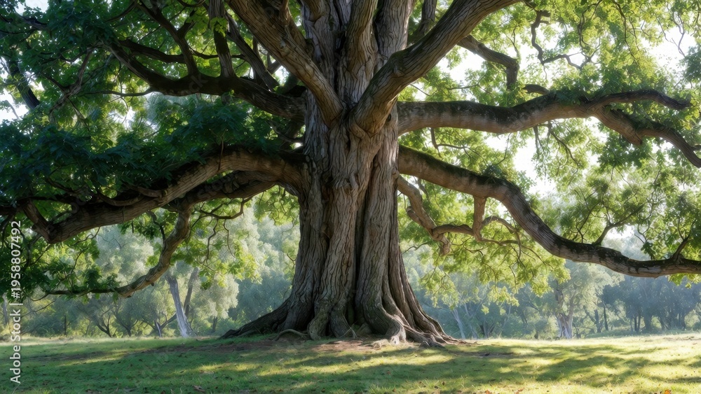 Fototapeta premium Wide spreading tree standing alone in sunlit meadow