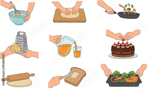 Colorful vector illustration of cooking and food preparation activities symbolizing culinary skills, kitchen techniques, and gastronomy