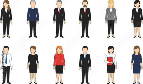 Colorful vector illustration of diverse business professionals in formal attire symbolizing workplace diversity, teamwork, and corporate collaboration