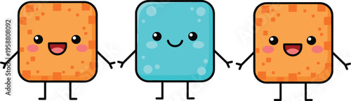 Colorful vector illustration of cute square cartoon characters holding hands symbolizing unity, friendship, and playful design