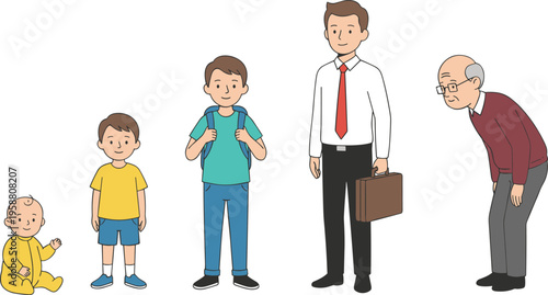 Colorful vector illustration of male life stages from baby to elderly man symbolizing human growth, aging, and generational progression