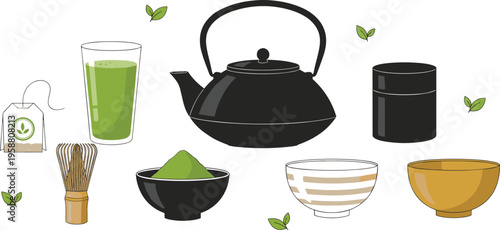 Colorful vector illustration of matcha tea preparation tools and ingredients symbolizing Japanese tradition, ceremony, and organic lifestyle