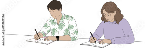 Colorful vector illustration of people studying and writing symbolizing focus, productivity, and learning environment