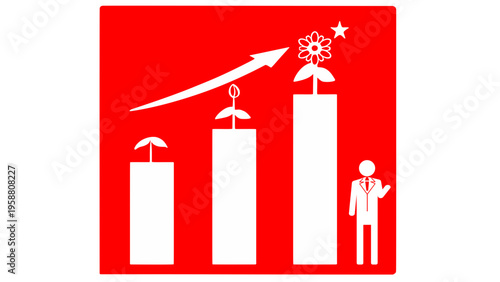 働きがいと経済成長のグラフアイコン（赤背景・SDGs ゴール8・花が咲く・ベクター素材）；Decent work and economic growth graph icon. Red background SDGs Goal 8 concept with blooming flower from bar chart. Vector.