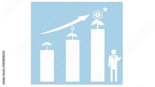 働きがいと経済成長のグラフアイコン（パステルブルー・SDGs ゴール8・花が咲く・ベクター素材）：Pastel blue decent work and economic growth graph icon. Modern vector SDGs Goal 8 concept. Vector.