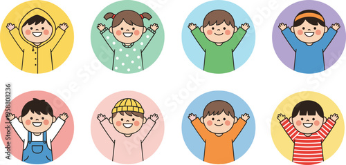 Colorful vector illustration of smiling cartoon children with raised arms inside circular backgrounds celebrating joyful childhood fun and diversity