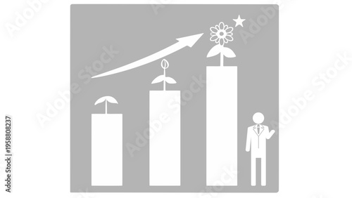 働きがいと経済成長のグラフアイコン（モノクロ・白黒・SDGs ゴール8・花が咲く・ベクター素材）：Monochrome decent work and economic growth graph icon. Black and white vector SDGs Goal 8 concept. Vector.