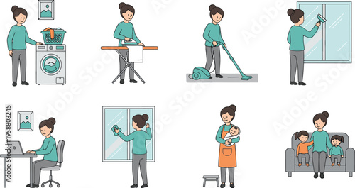 Colorful vector illustration of woman performing household chores and caregiving tasks symbolizing family care, multitasking, and home management