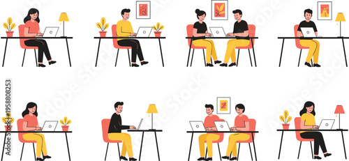 Creative workspace vector illustration with people working at desks, laptops, plants, wall art, lamps, and casual collaboration