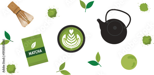 Elegant Japanese matcha tea ceremony illustration with teapot, bamboo whisk, latte art, green leaves, and powder accents