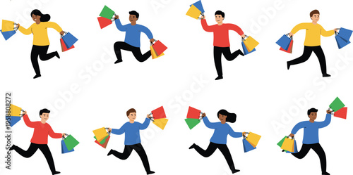 Excited cartoon people running with colorful shopping bags in dynamic retail sale promotion vector illustration background