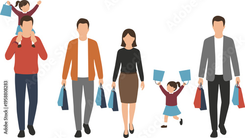 Family and friends shopping together carrying colorful bags in joyful leisure outing vector illustration on white background