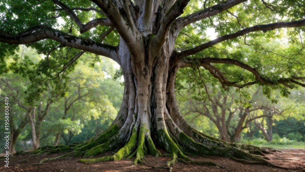 Obraz premium Massive tree with moss covered base in sunlit grove