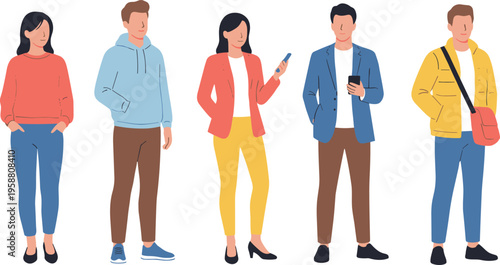 Modern casual and semi‑casual fashion characters standing in stylish outfits with smartphones and accessories on white background