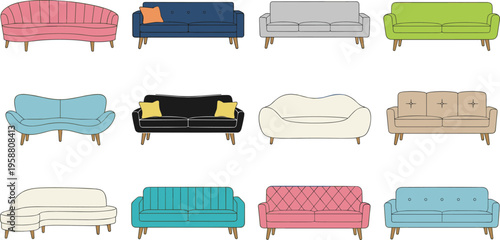 Modern sofa furniture collection vector illustration showcasing twelve stylish designs with colorful upholstery, accent pillows, and wooden legs