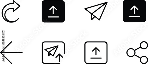 Modern user interface action icons vector set including upload, send, share, refresh, and navigation symbols for digital design