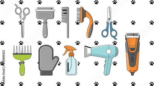 Pet grooming tools vector illustration featuring scissors, brushes, combs, clippers, spray bottle, and accessories for animal care