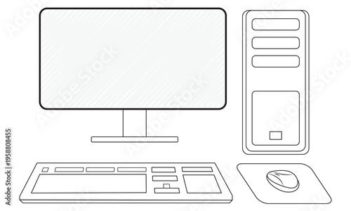 Desktop outlines illustration with computer accessory keyboard and mouse, educational set