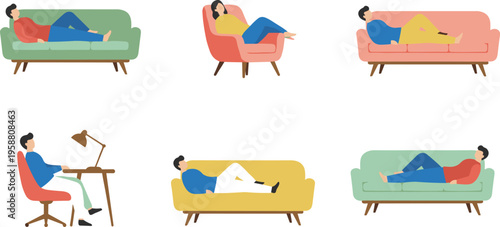 Relaxed people sitting and lying on colorful sofas and armchairs in casual home interior vector illustration background