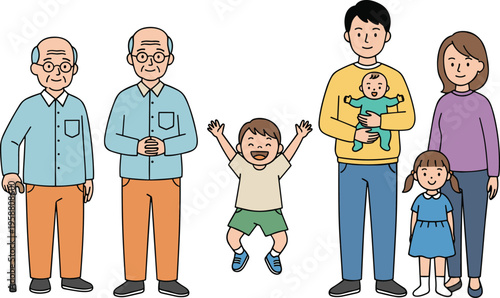 Cartoon multigenerational family illustration with grandparents, parents, children, and baby showing joyful bonding in vector background