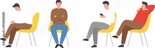 Cartoon people sitting on yellow chairs in various relaxed postures showing body language and lifestyle illustration background