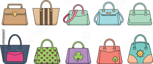 Collection of stylish handbags in classic and playful designs with decorative motifs in colorful vector fashion illustration