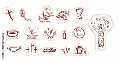 Easter Holy week religious christian easter icon set with bible crosses, Jesus crown of thorns , crucific catholic symbol set. Hand drawn isolated vector motif illustration for church sticker card