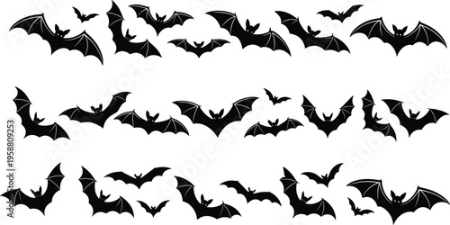 Bat silhouette illustration, multiple diverse flying bat icons with varied wing shapes and poses, Halloween nocturnal animal theme, vector art, black isolated bold design