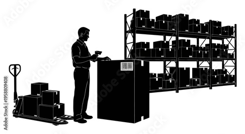 Worker operates forklift near shelving unit in industrial setting with vector tools.