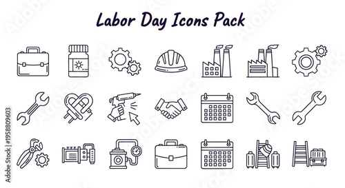 Labor Day icons pack with various tools and equipment on a table indoors