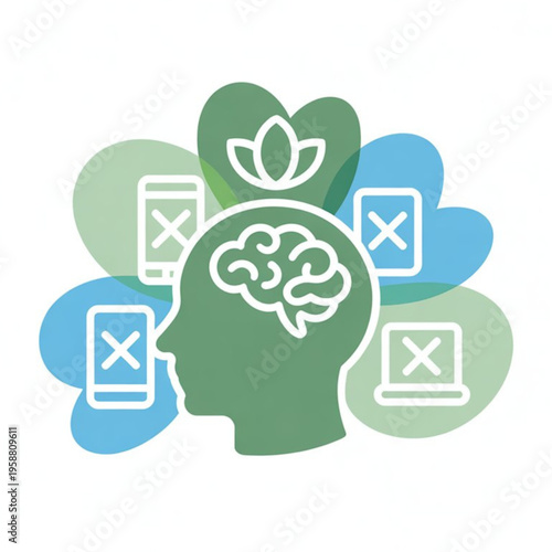 Concept of digital detox and mindfulness showing a human head with a brain and crossed out devices