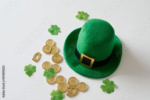 A festive St Patrick's Day gift featuring a green hat with gold coins and four-leaf clovers scattered around.