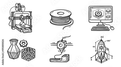 3d printing line vector set. black color sketches style on white background. Vector illustration.
