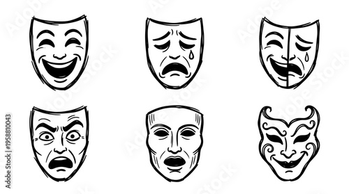 acting mask line vector set. black color sketches style on white background. Vector illustration.