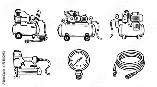 air compressor line vector set. black color sketches style on white background. Vector illustration.