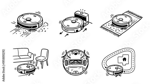 automatic vacuum robot line vector set. black color sketches style on white background. Vector illustration.