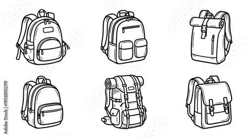 backpack line vector set. black color sketches style on white background. Vector illustration.