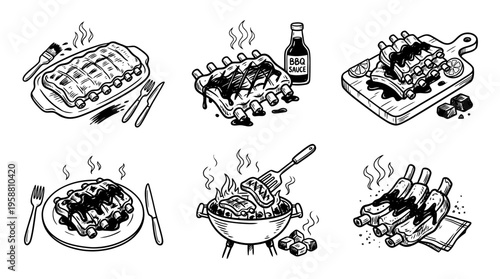 bbq ribs line vector set. black color sketches style on white background. Vector illustration.