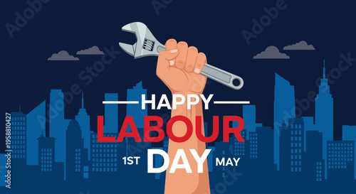 A hand holds a wrench in front of a city skyline on Labour Day