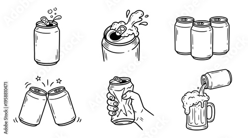 beer can line vector set. black color sketches style on white background. Vector illustration.