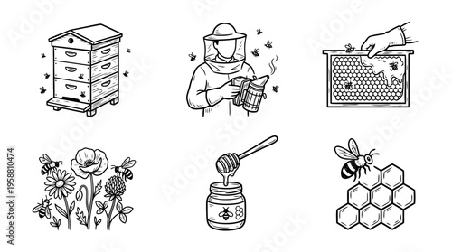 beekeeping line vector set. black color sketches style on white background. Vector illustration.