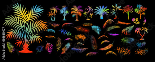 Palm tree colored objects and palm leaves set . Hand drawn. Not AI, vector illustration.