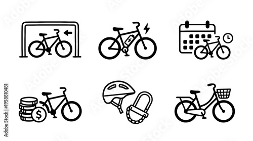 bicycle rental line vector set. black color sketches style on white background. Vector illustration.