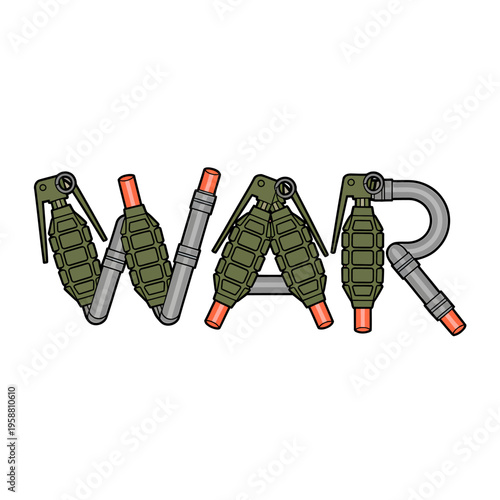 Cartoon illustration of green grenades forming the word War