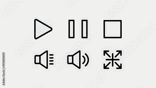 Media player control icons play pause stop volume adjust isolated on transparent background